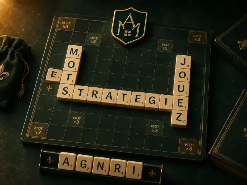 Plateau du jeu Mots & Stratégie avec des lettres formant MOTS, STRATEGIE, ET et JOUEZ.